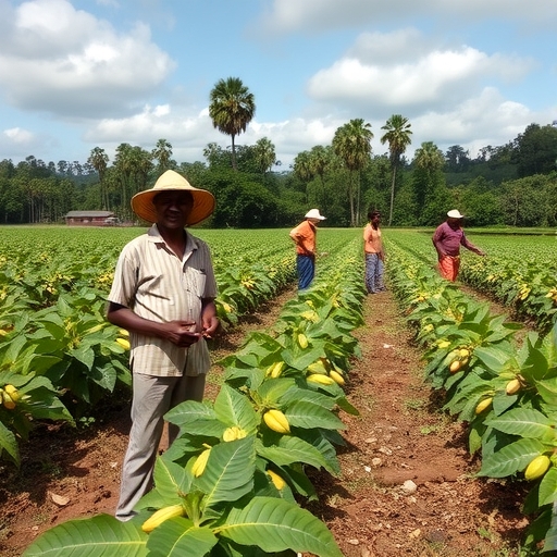 Cocoa farmers in a field.