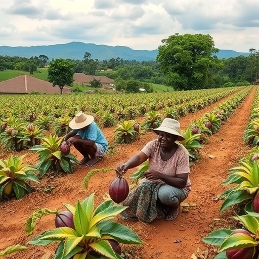 Cocoa farmers in a field.
