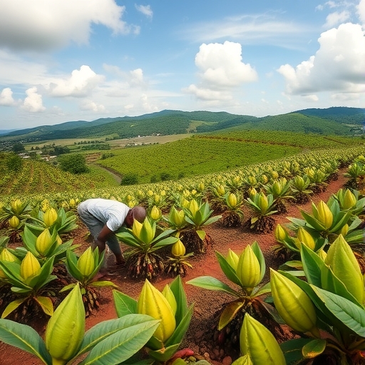 Cocoa farmers in a field.