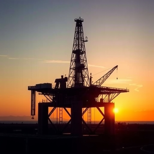 An oil rig at sunset.