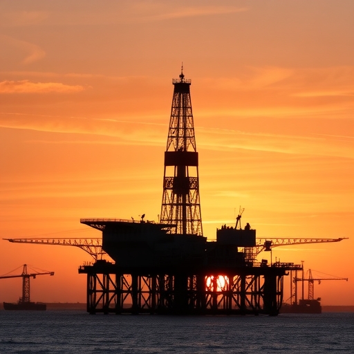 An oil rig at sunset.
