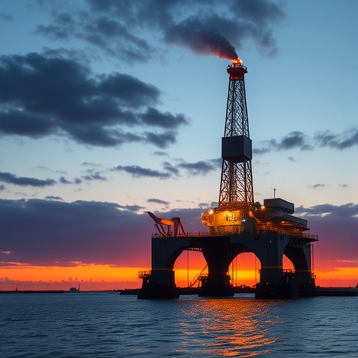 An oil rig at sunset.