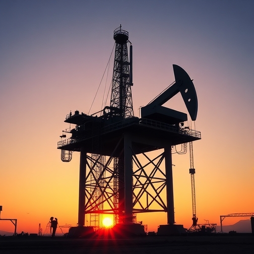 An oil rig at sunset.