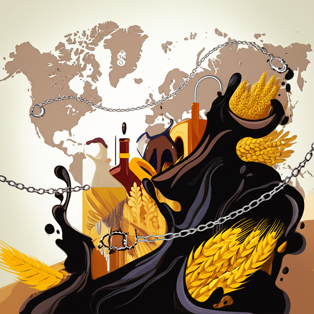 Illustration of global commodity trade under pressure from economic sanctions, showing intertwined raw materials like oil and grain with financial restriction symbols, against a world map