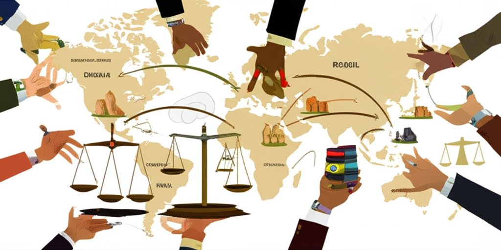 Illustration of BRICS nations shaping global commodity flows and influencing prices on a world map