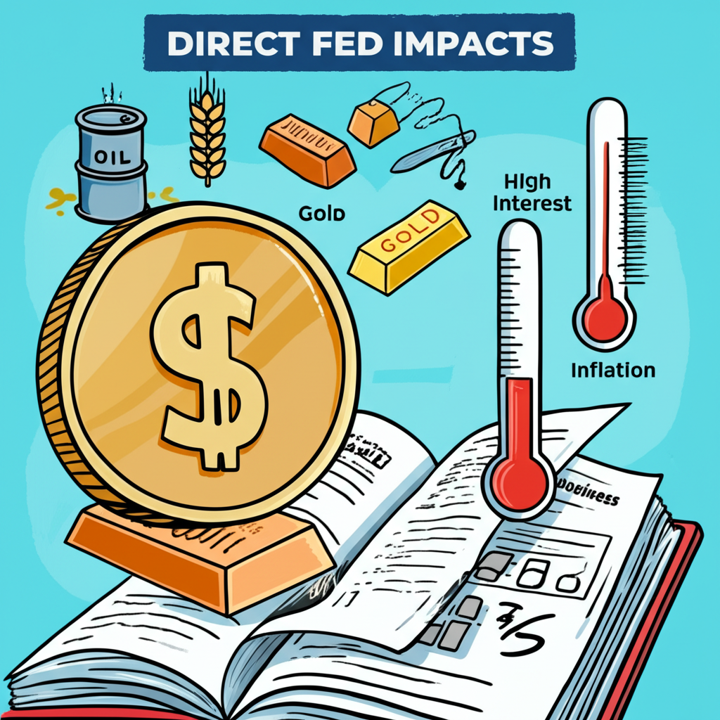 Illustration showing direct Fed impacts: a strong US dollar coin pressing down on commodity symbols, a thermometer indicating inflation affecting gold, and high interest rates on a business ledger