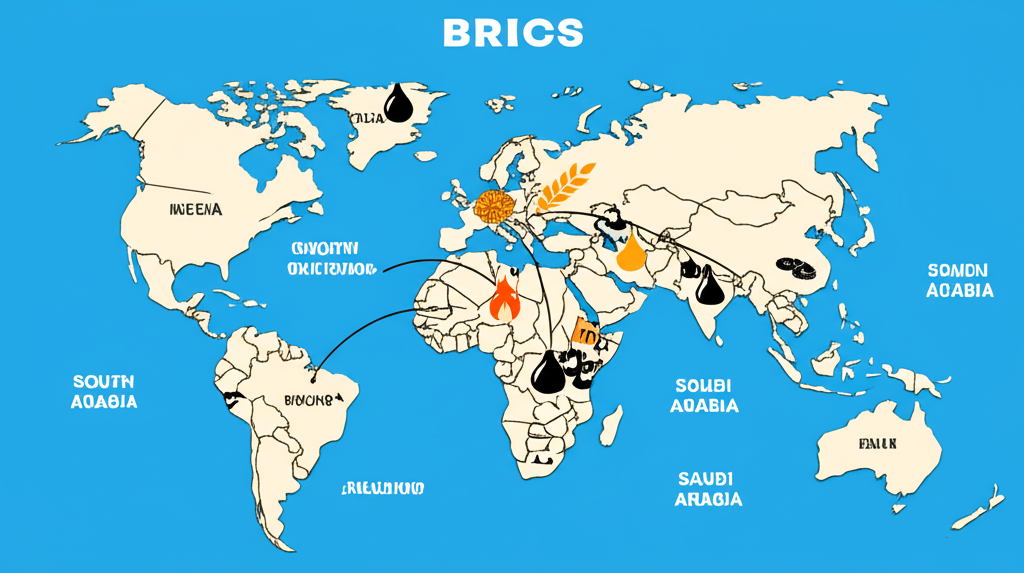 World map showing key commodities from original and new BRICS nations including Saudi Arabia and UAE