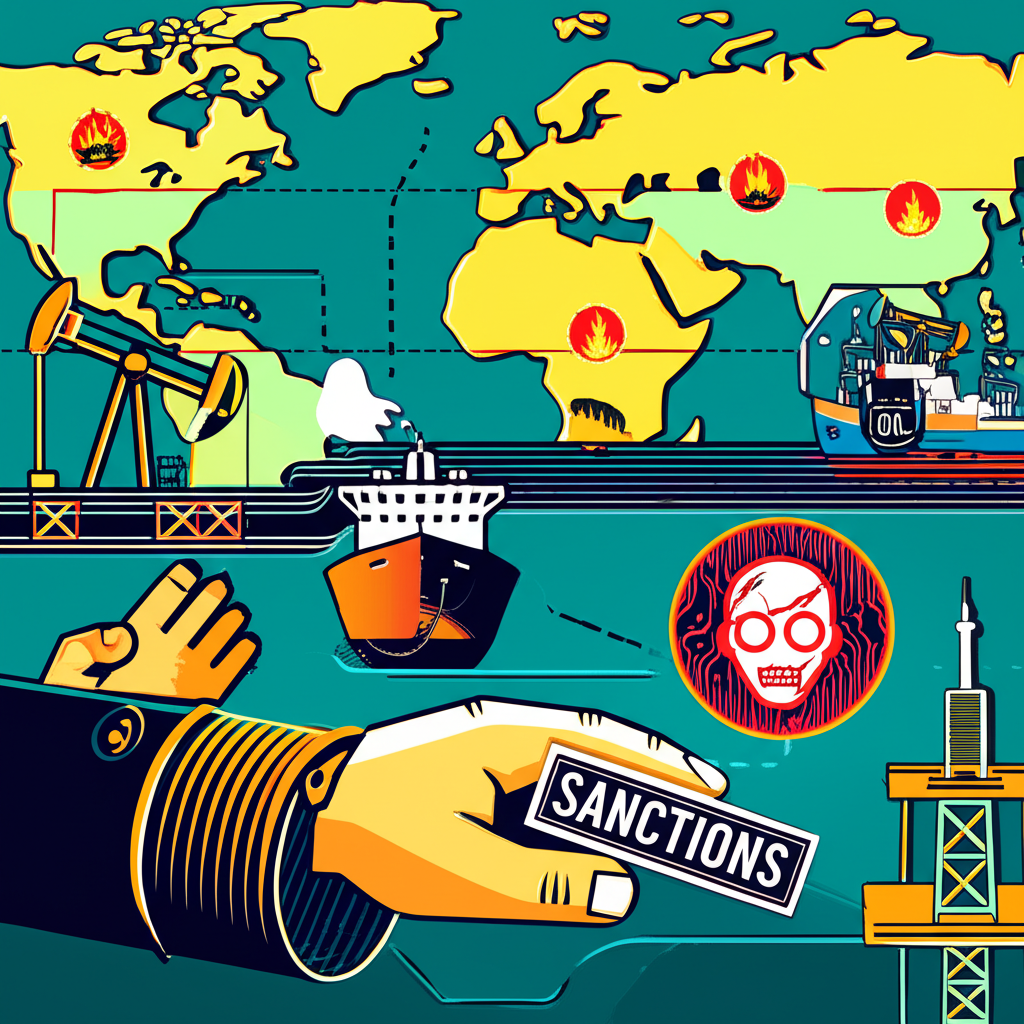 Infographic-style illustration showing geopolitical risks to oil: tankers in chokepoints, cyber threats, sanctions, and conflict zones