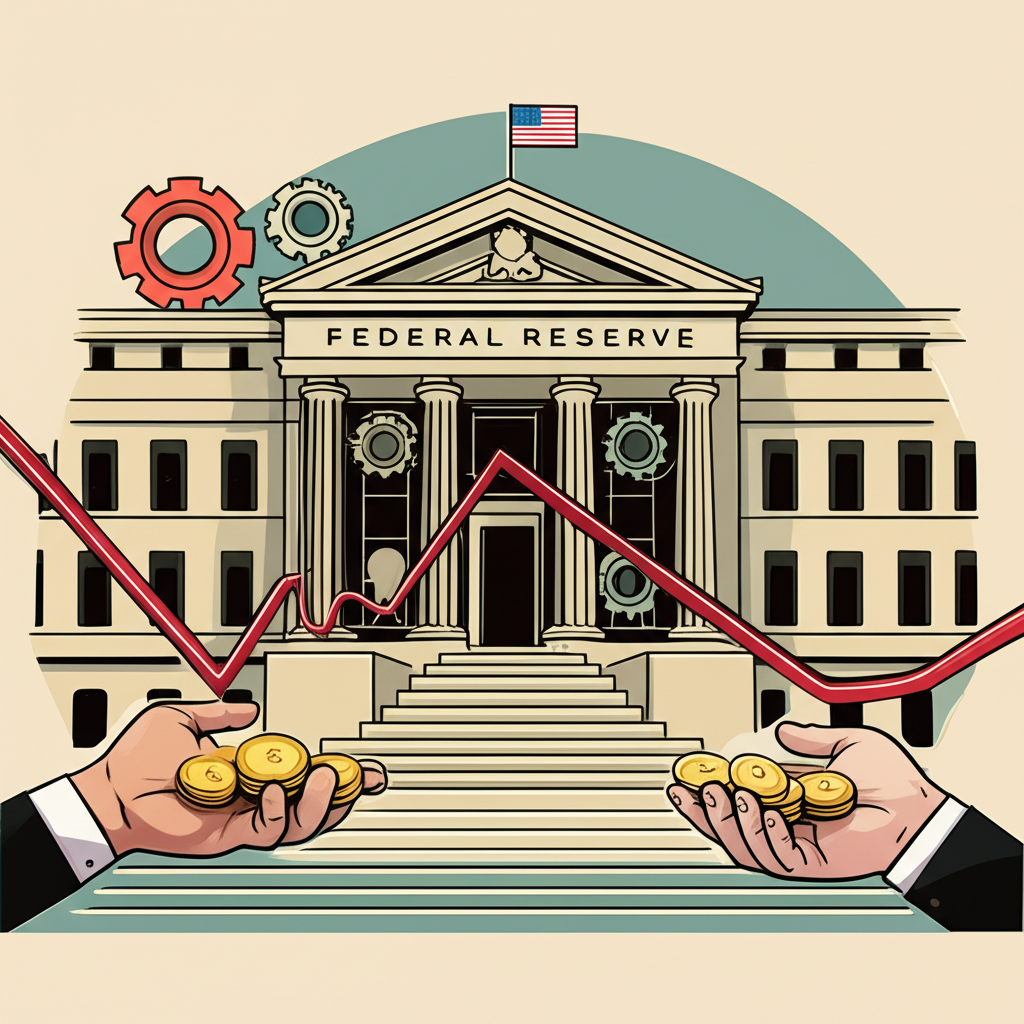 Illustration of the Federal Reserve's monetary tools: a central bank building with gears, a rising/falling interest rate graph, and stylized hands exchanging bonds, representing QE/QT