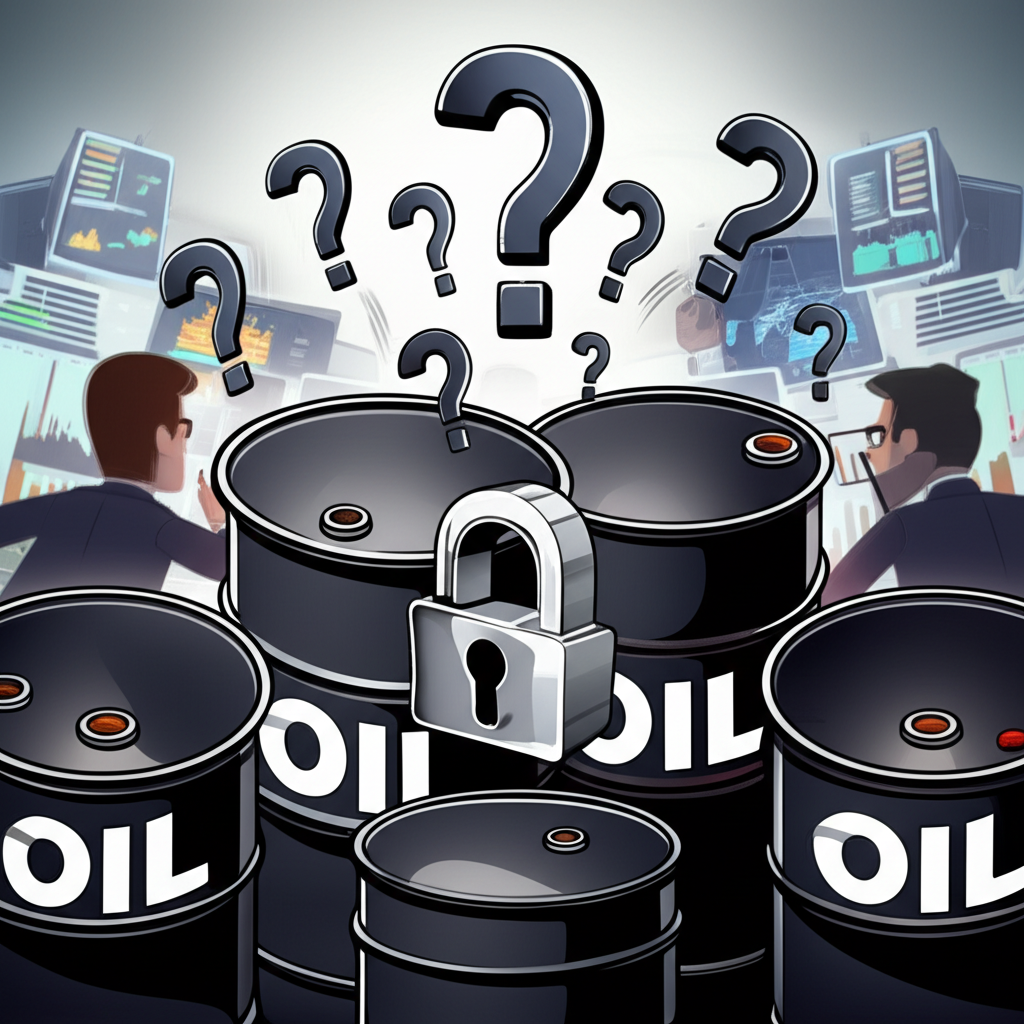 Conceptual illustration of crude oil barrels with a padlock and question marks, symbolizing market uncertainty and the fear premium in oil trading