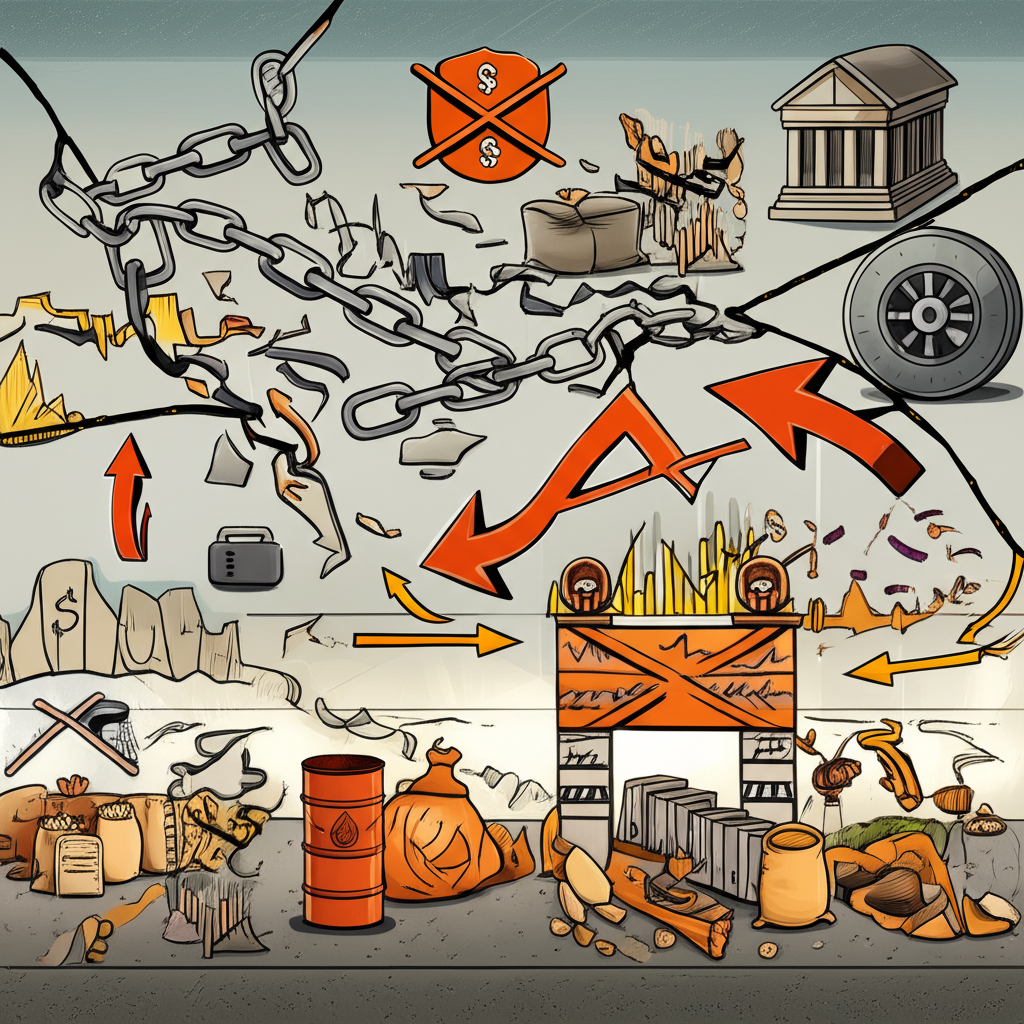 Illustration of sanctions disrupting global commodity flows, depicting broken supply chains, financial blockades, and volatile price graphs with ripple effects across interconnected markets