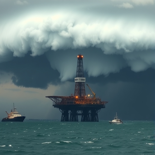 A hurricane above an oil rig.