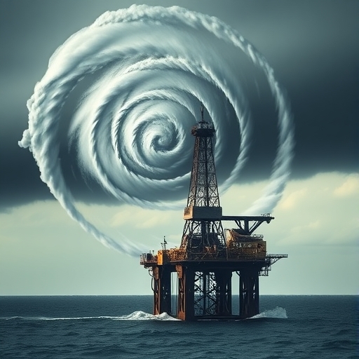 A hurricane above an oil rig.