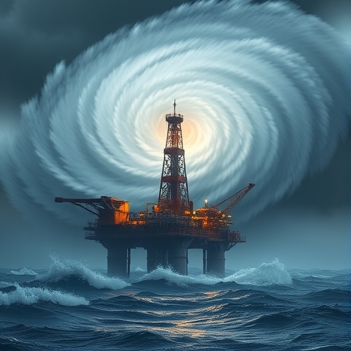 A hurricane above an oil rig.