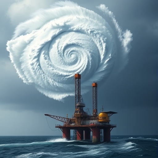 A hurricane above an oil rig.