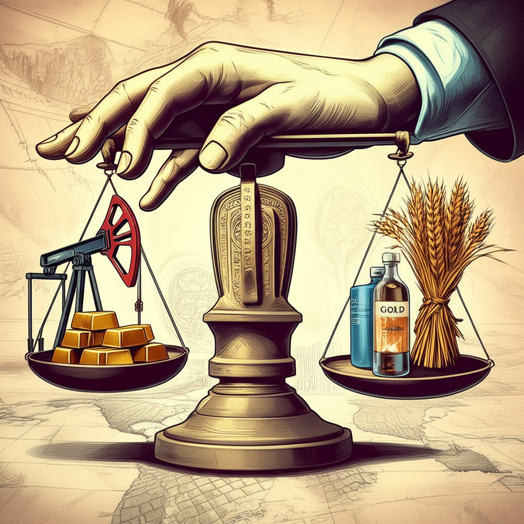 Illustration of a giant, unseen hand, symbolizing the Federal Reserve, subtly balancing global commodity market scales featuring oil, wheat, and gold, against a backdrop of world economic charts