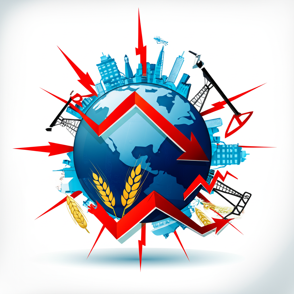 Global economy illustration showing sudden commodity price volatility and economic ripple effects