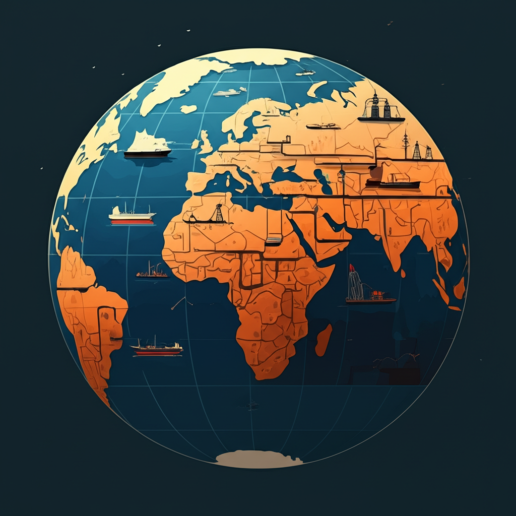 Illustration of a complex global oil market with pipelines, tankers, and geopolitical tensions influencing oil prices