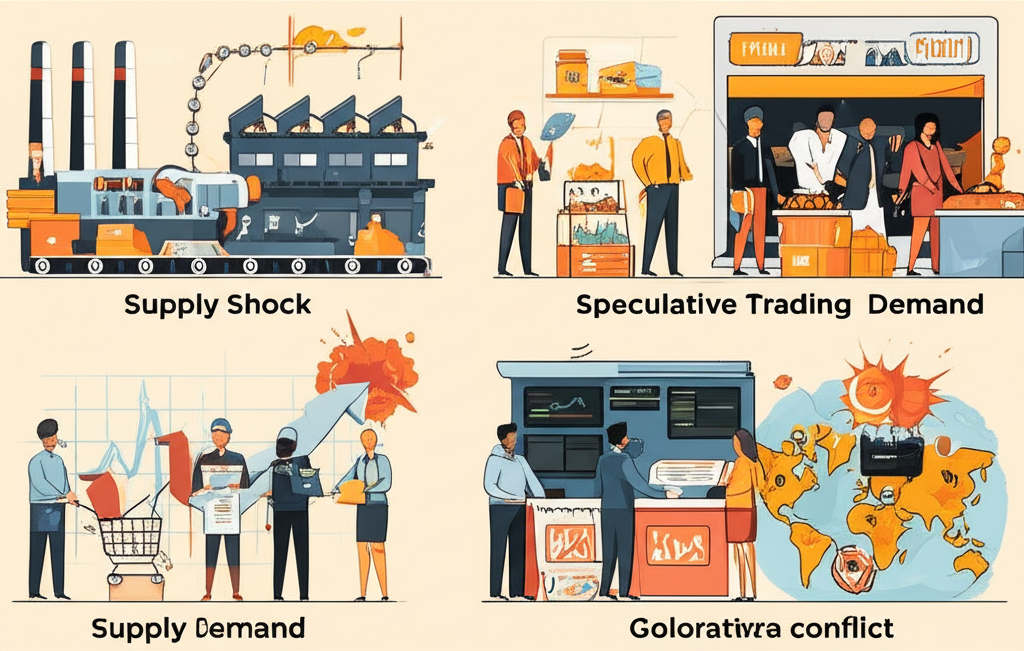 Illustration of commodity shock causes: supply disruptions, demand surges, speculation, and geopolitical conflict