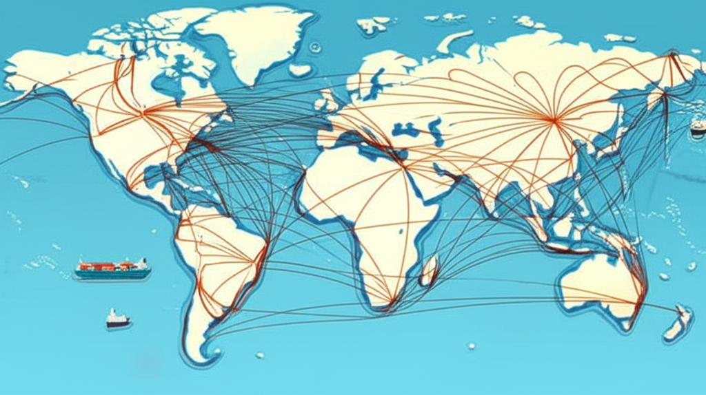 Illustration showing global trade routes disrupted by geopolitical conflicts and sanctions