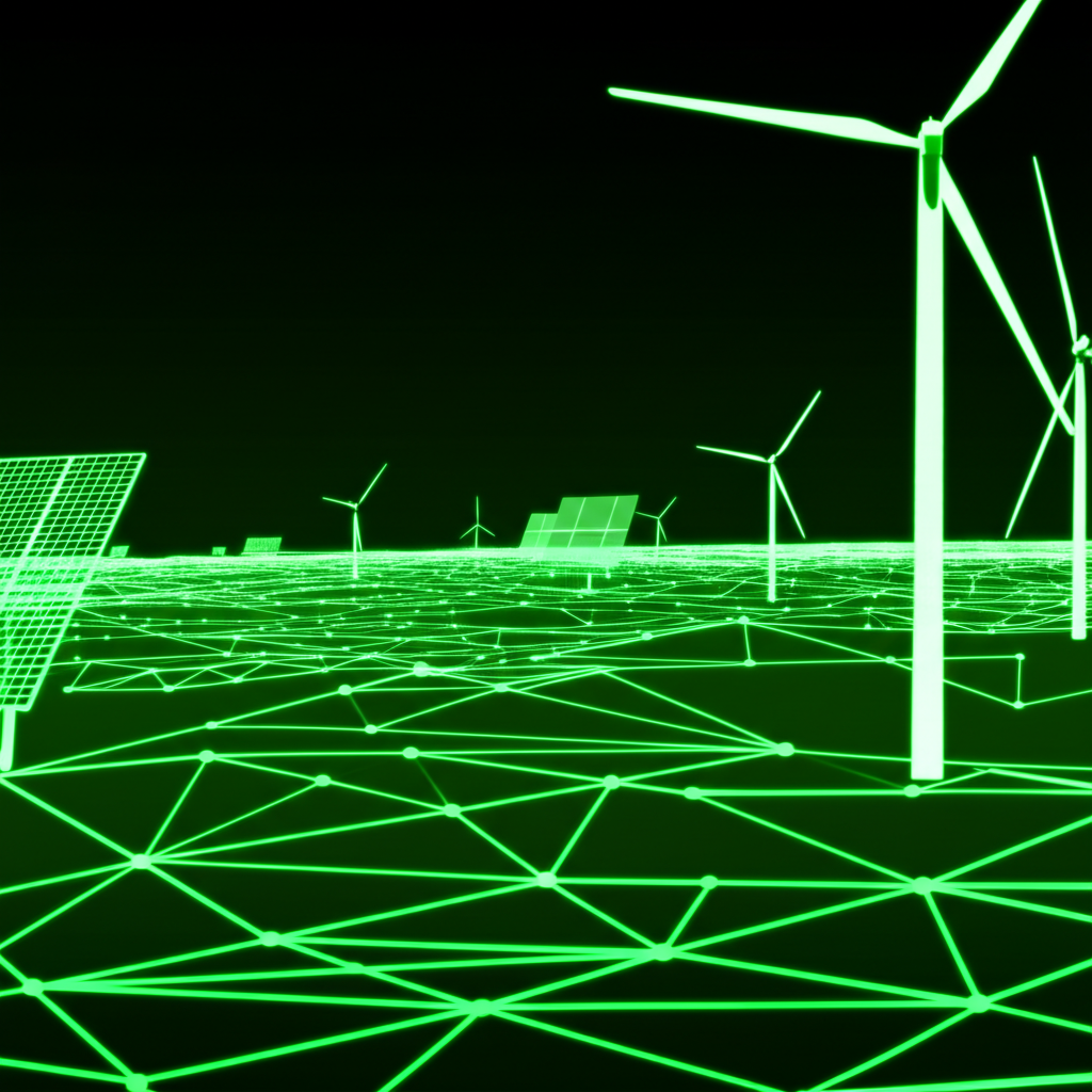 Illustration of a green energy grid integrating digital technology for sustainable infrastructure