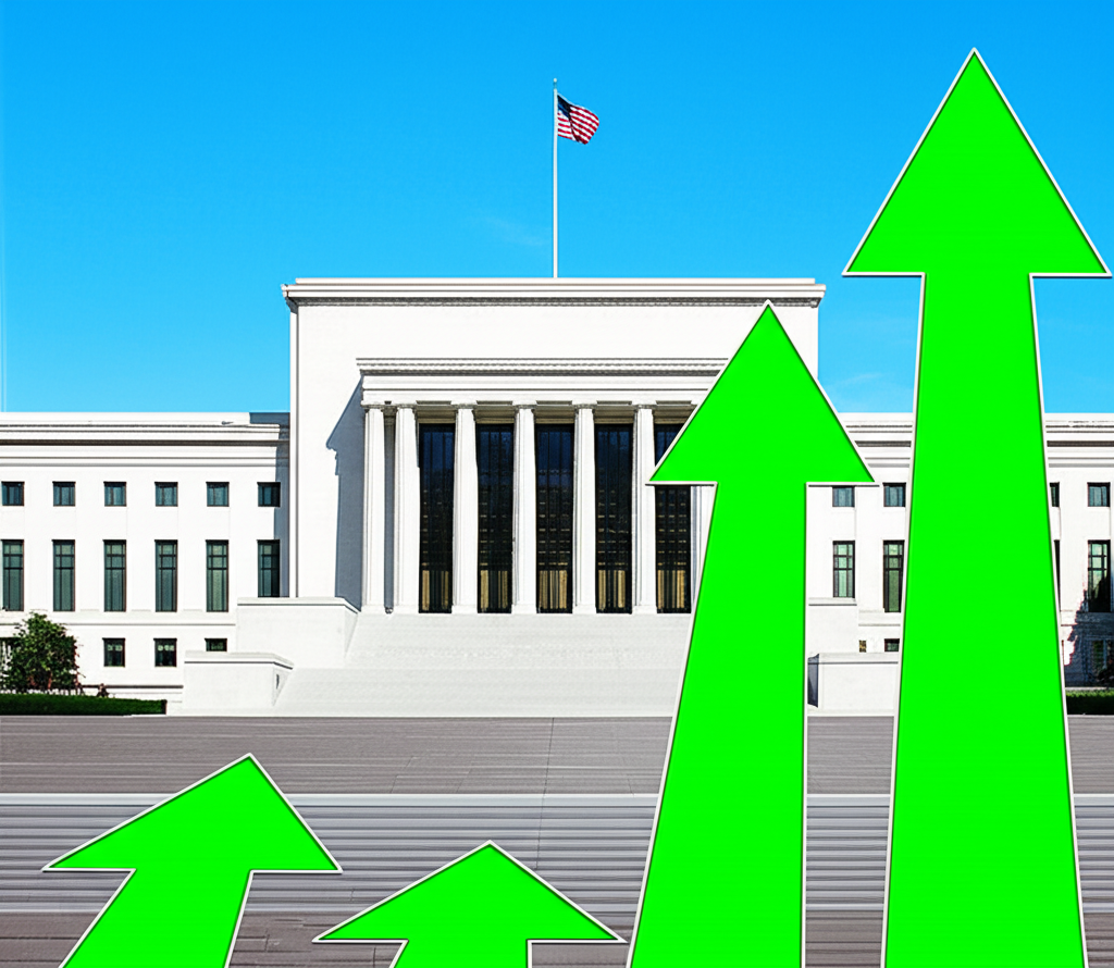 Federal Reserve building with upward and downward market trend arrows showing policy impacts