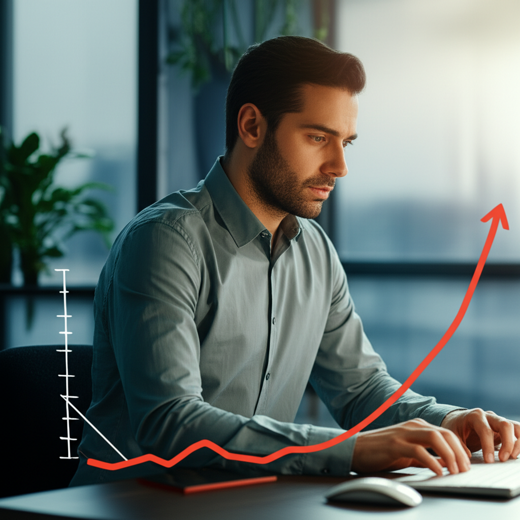 Illustration of a worried investor analyzing financial charts during a stagflationary economy with rising inflation and stagnant growth indicators