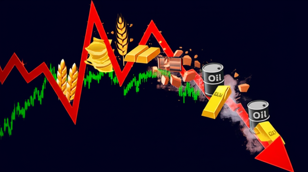 Visualization of a commodity market bubble bursting, showing sharp price decline after peak