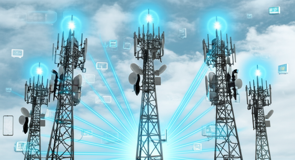 5G network towers and data flow