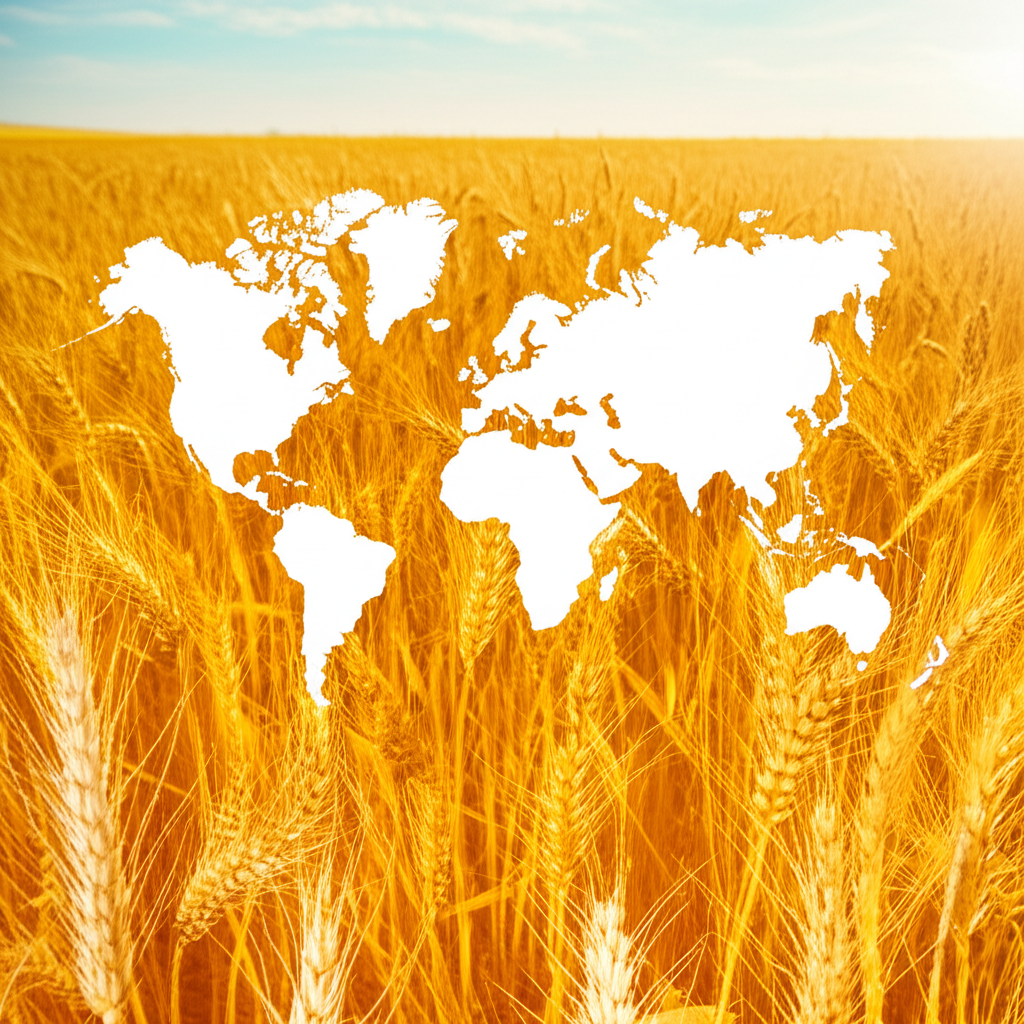 Vast wheat field overlaid with a world map highlighting key export regions