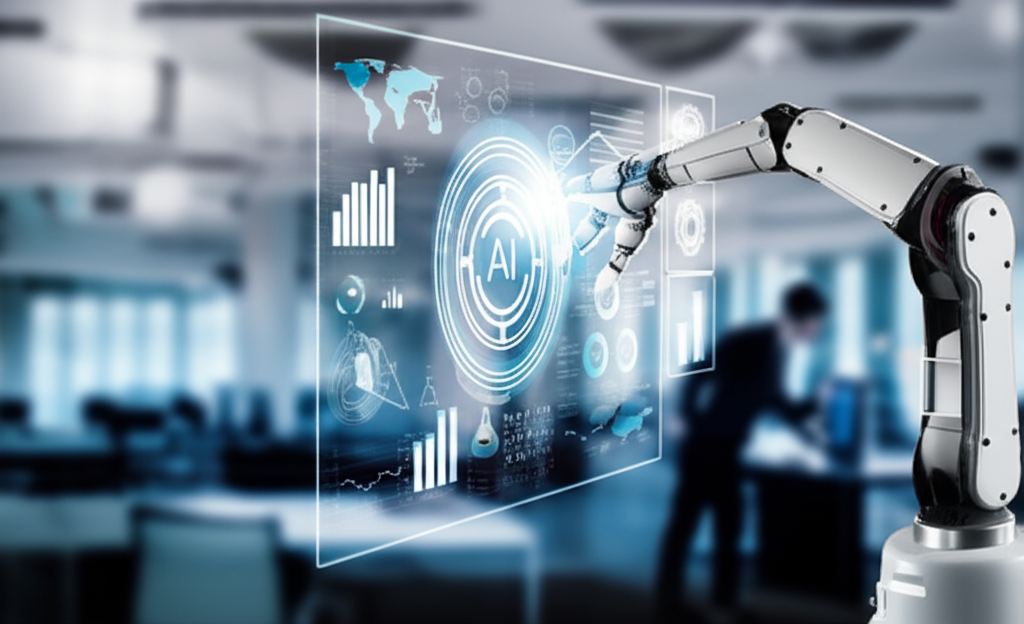 AI-powered automation at work, showing robots and intelligent systems enhancing productivity in industrial settings