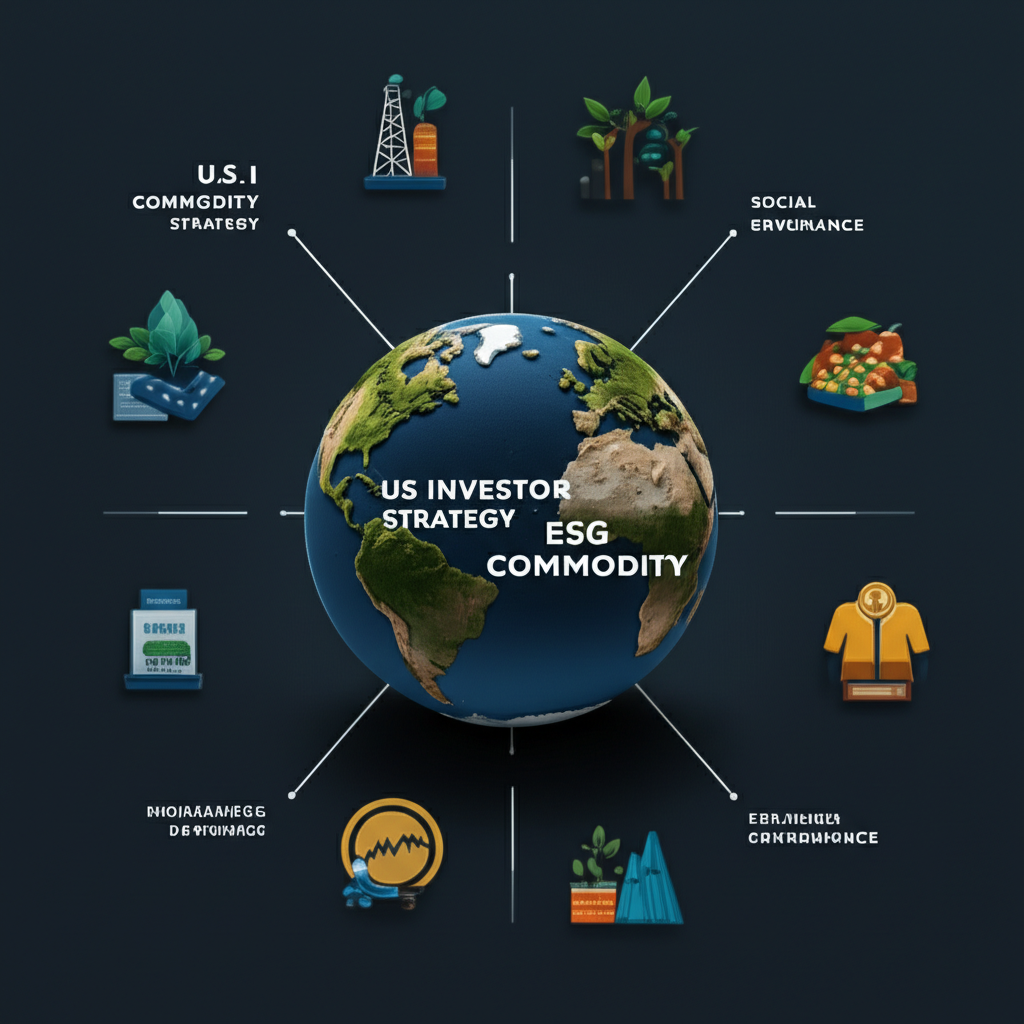 Infographic showing a U.S. investor's ESG commodity strategy, including portfolio diversification, green metal exposure, and sustainable agriculture investments