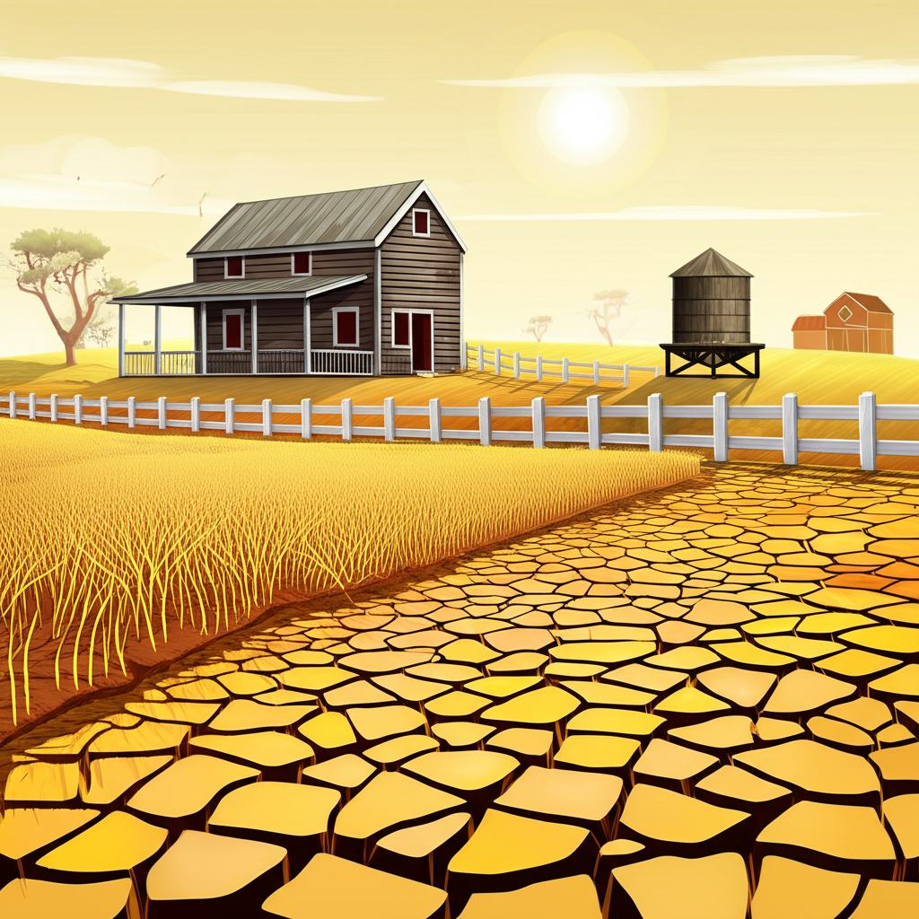 Illustration of a drought-stricken US farm under a scorching sun, highlighting climate challenges in United States agriculture