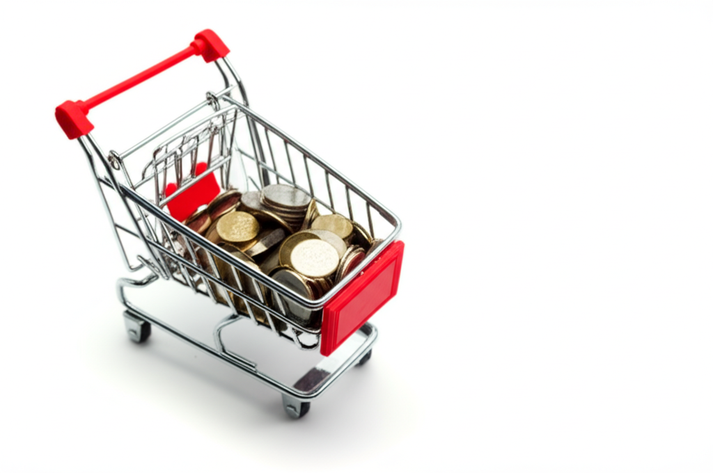 Online shopping cart overflowing with coins symbolizing e-commerce investment returns