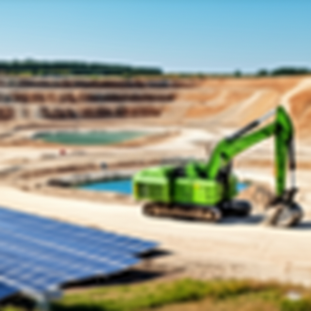 Sustainable mining site in the US featuring green technologies like solar panels and water recycling systems