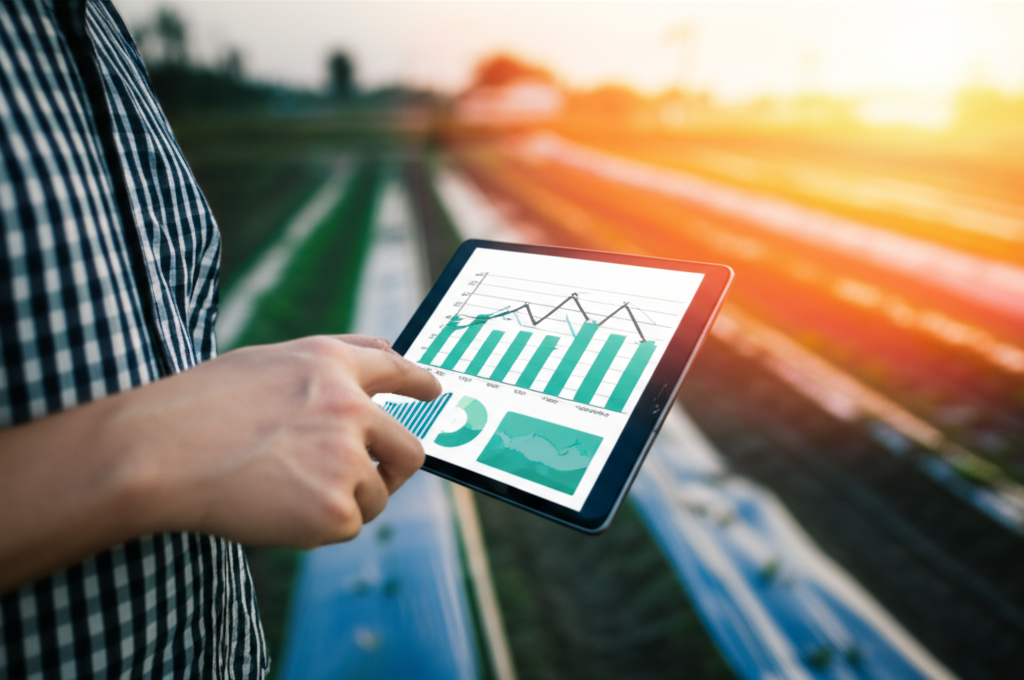 Farmer analyzing market data on a tablet in a field