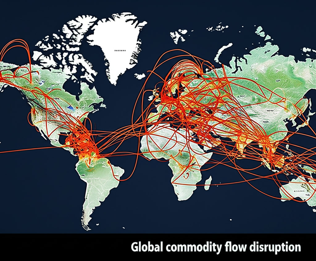 Global commodity flow disruption with shipping delays, port congestion, and energy supply constraints impacting international trade routes