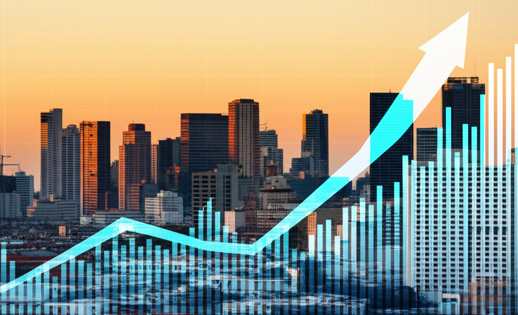 Growth chart overlaying a vibrant Latin American city skyline, symbolizing economic potential