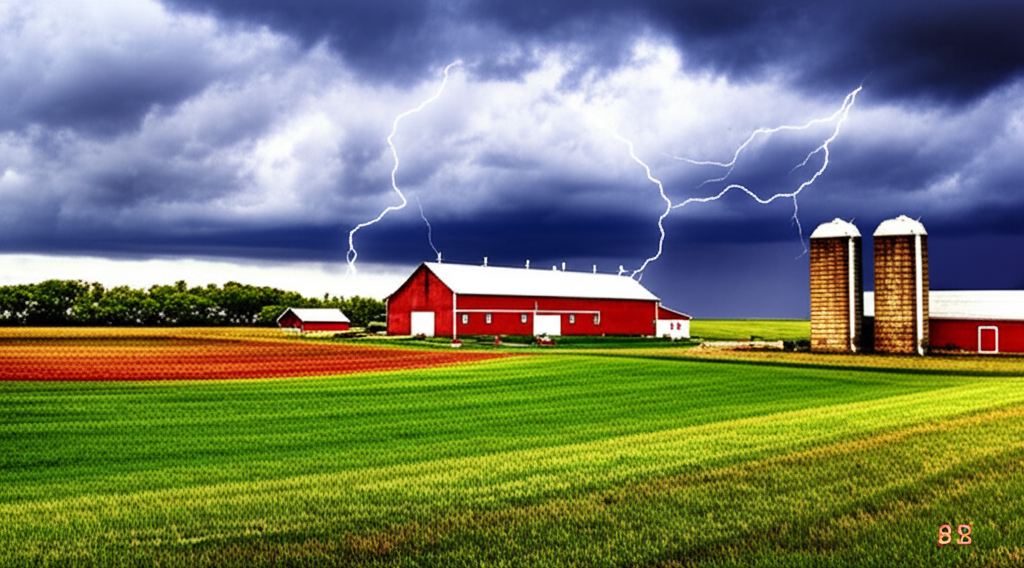 A vast U.S. farm field battered by stormy weather, highlighting the risks to agricultural production