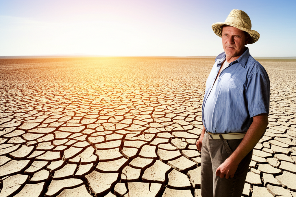 A farmer standing on cracked, parched farmland, assessing drought damage