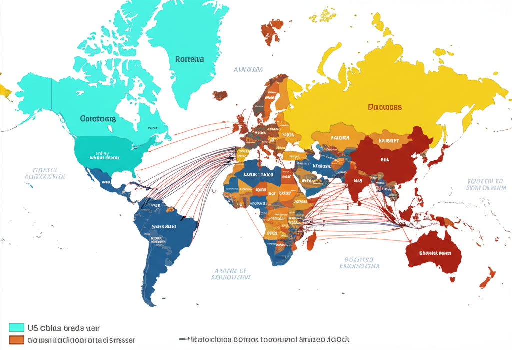 Global map showing key trade routes and regions most affected by US-China trade tensions, highlighting shifts in supply chains and commodity flows.