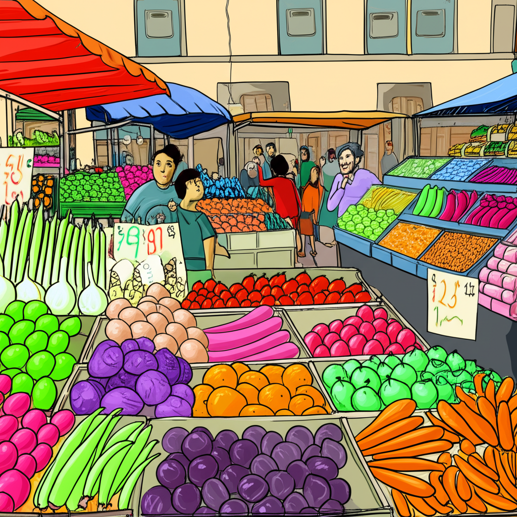 Illustration of a bustling food market with rising price tags, showing the economic ripple effects of climate change on commodity markets