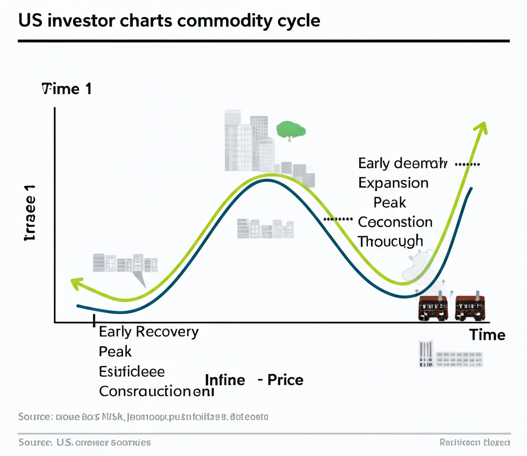 US investor analyzing commodity cycle trends on a financial dashboard with global market data