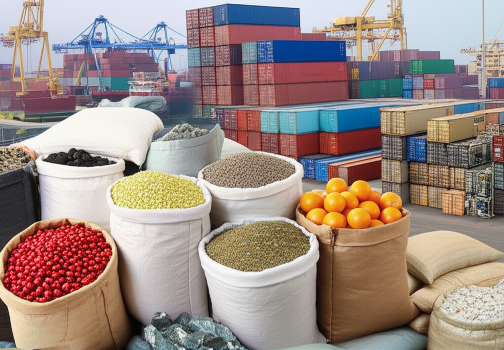 Visual representation of ASEAN's diverse commodity exports including palm oil, rubber, and minerals