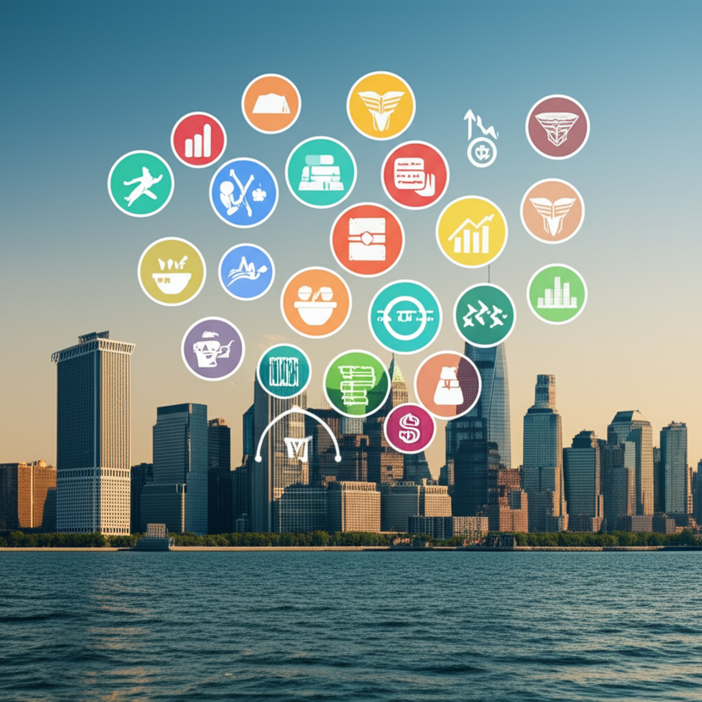 Diverse ETFs illustrated against a New York City skyline, highlighting U.S. investment opportunities