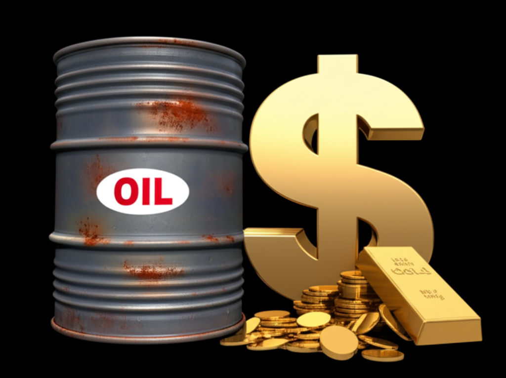Oil barrel, gold bar, and US dollar symbol illustrating key commodities and currency influences