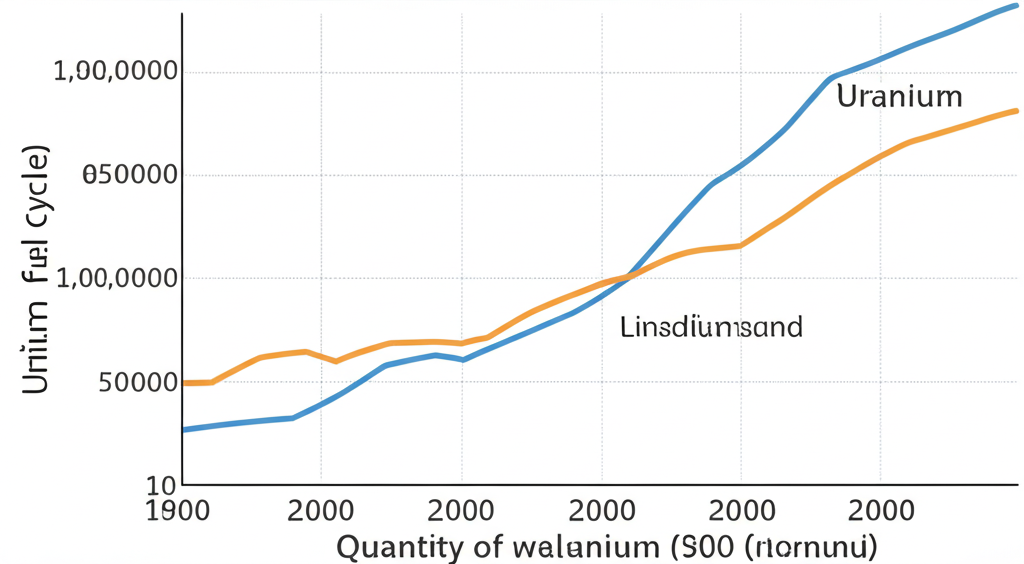 Diagram of the uranium fuel cycle stages alongside a graph showing projected uranium demand trends