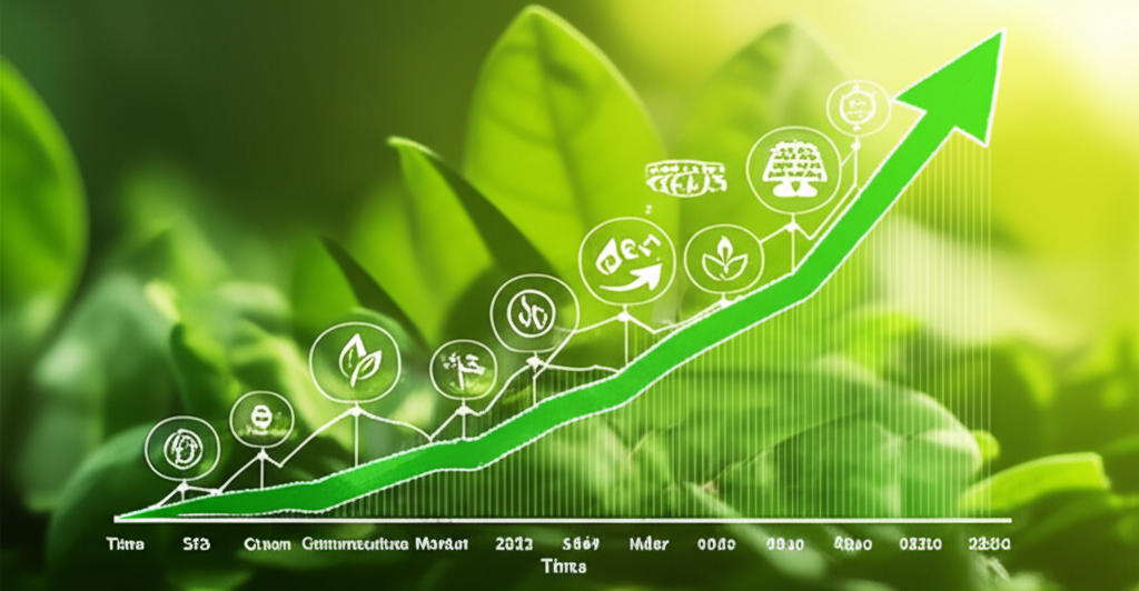 Graph showing projected growth in green commodity markets through 2025, highlighting rising demand for lithium, copper, and sustainable agricultural products