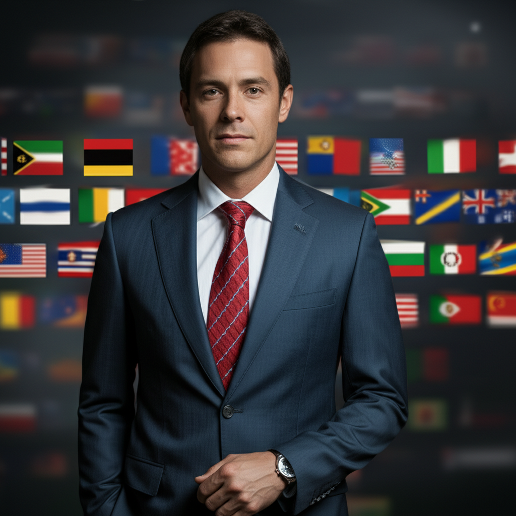 US investor reviewing international opportunities represented by flags from multiple countries