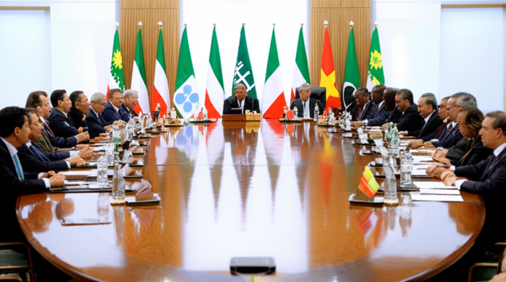 OPEC members discussing oil policy during a high-level ministerial meeting